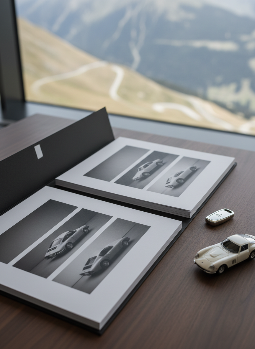 A sleek, matte charcoal folder partially open on a dark walnut table, revealing neatly organized, high-end printed portfolio pages featuring subtle, text-free photographs of rare European vehicles, each bordered by clean white margins. Beside the folder lies a single elegant metal key fob and a small scale model of a classic European coupe finished in glossy pearl white. In the background, out of focus, a large window hints at a distant alpine landscape with winding roads. Soft, natural daylight from the side creates gentle shadows and refined highlights on the materials, emphasizing texture and quality. Shot from a top-down, slightly angled perspective, with selective focus on the folder and key. The mood is confidential, tailored and exclusive, evoking a bespoke advisory process. Photographic realism with a restrained, professional aesthetic.