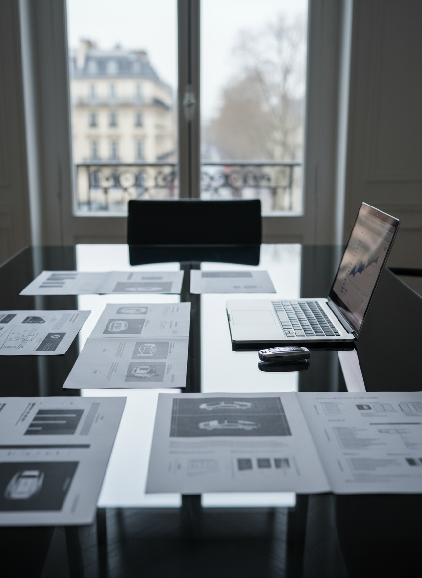An elegant, minimalist office setting featuring a large, matte black glass table on which several high-quality printed vehicle specification sheets and a slim metal laptop lie neatly arranged beside a finely machined key fob to a luxury European sports car. Behind the table, floor-to-ceiling windows reveal a softly blurred view of a tree-lined European boulevard with hints of classic architecture. Cool, diffused daylight enters the room, creating subtle reflections on the tabletop and gentle shadows under the documents. Shot from a slightly elevated angle with a shallow depth of field that keeps the table in crisp focus while the cityscape melts into smooth bokeh. The mood is professional, analytical and composed, conveying meticulous advisory work and exclusive access, captured in photographic realism with a clean, contemporary style.
