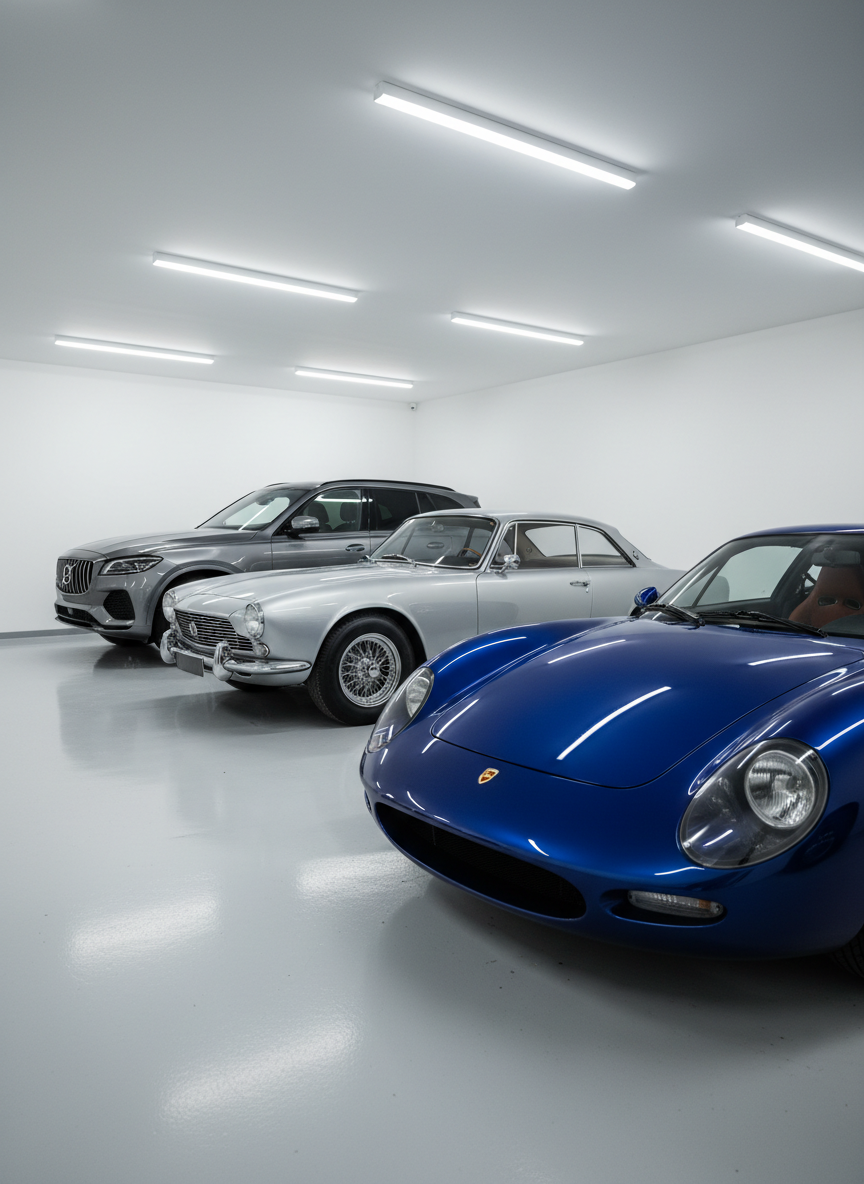 A curated lineup of three distinct collectible European vehicles arranged in a spacious, impeccably clean private garage with smooth light-gray epoxy floors and pristine white walls. In the foreground, a low, sculpted mid-engine sports car in deep sapphire blue; behind it, a classic silver coupe with chrome accents; farther back, a modern luxury SUV in a subtle graphite tone. Overhead LED strip lights cast even, neutral illumination, revealing perfect paint finishes and fine details, while soft reflections on the floor emphasize exclusivity. Captured at a slightly low, three-quarter angle to enhance presence and depth, with sharp focus throughout. The atmosphere is controlled, quiet and discreet, evoking a private collection sourced by experts. Photographic realism, emphasizing quality, scarcity and careful curation without any human presence or visible logos.