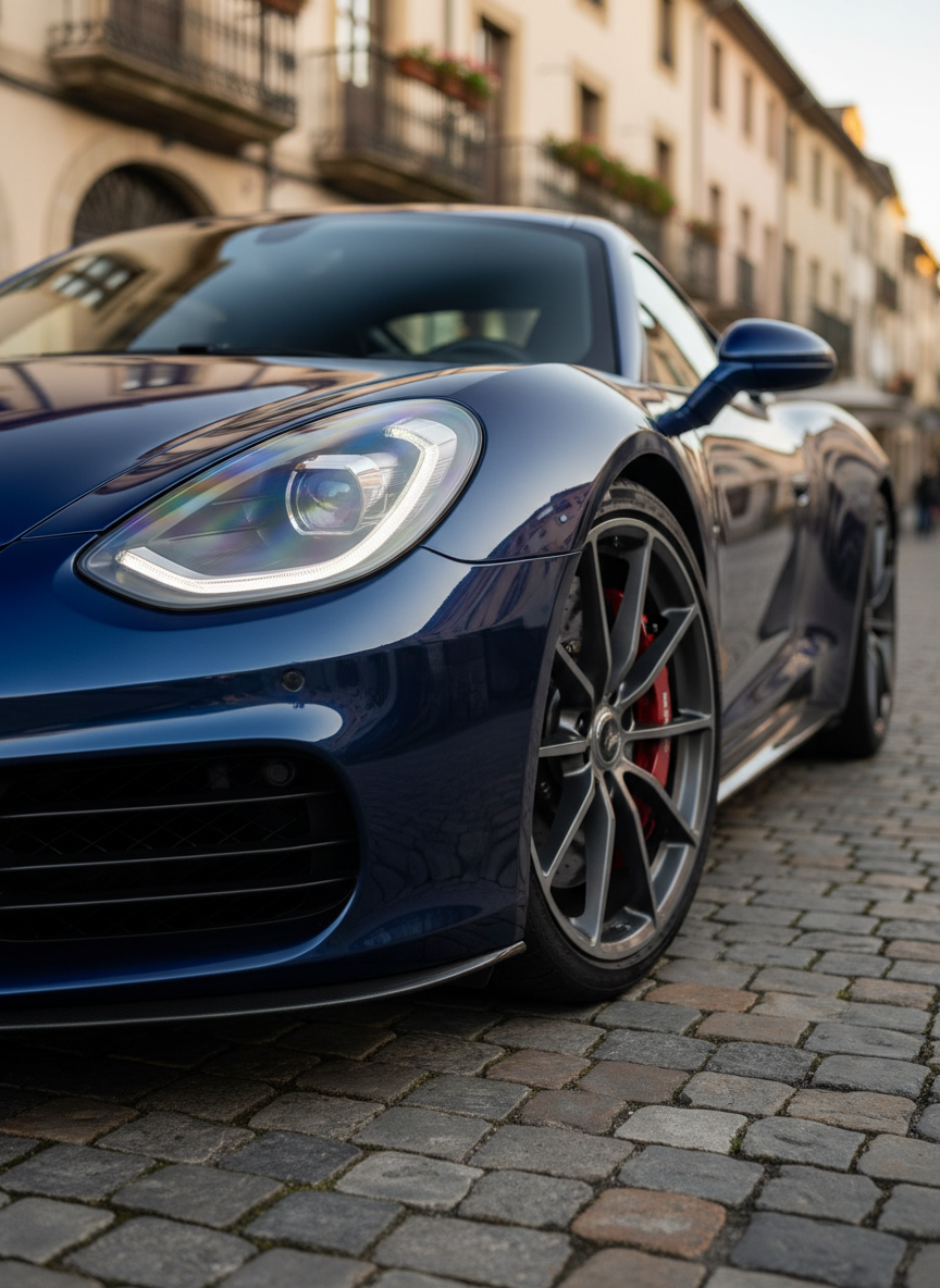 A close-up, detail-focused image of a rare European sports car’s front quarter panel, emphasizing the intricate design of the headlight, the subtle orange-peel-free reflection in the deep metallic paint, and the precision-machined surface of a large performance brake disc and caliper visible through a multi-spoke alloy wheel. The car is parked on an old stone-paved European street, with softly blurred historic buildings and wrought-iron balconies in the background. Warm golden-hour sunlight grazes the metal surfaces, creating a rich play of highlights and gentle shadows that accentuate contours. Framed tightly with a rule-of-thirds composition, shallow depth of field isolates the craftsmanship of the vehicle. The mood is intimate, connoisseur-level appreciation, suggesting expert evaluation and acquisition of exceptional vehicles. Photographic realism with a sophisticated, editorial feel.